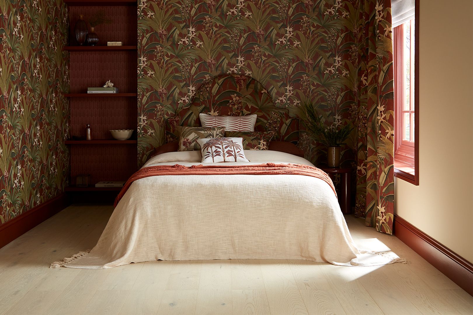 Linton Wide Plank with Esselle Home Safron Mulberry Wallpaper, Monsoon Terracotta Curtain