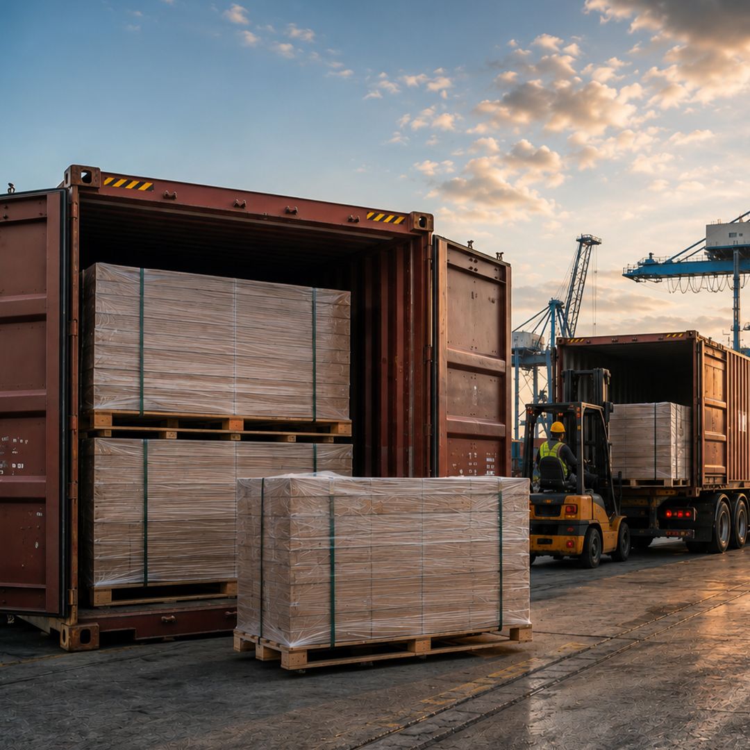 Storage containers filled with pallets of wood flooring  