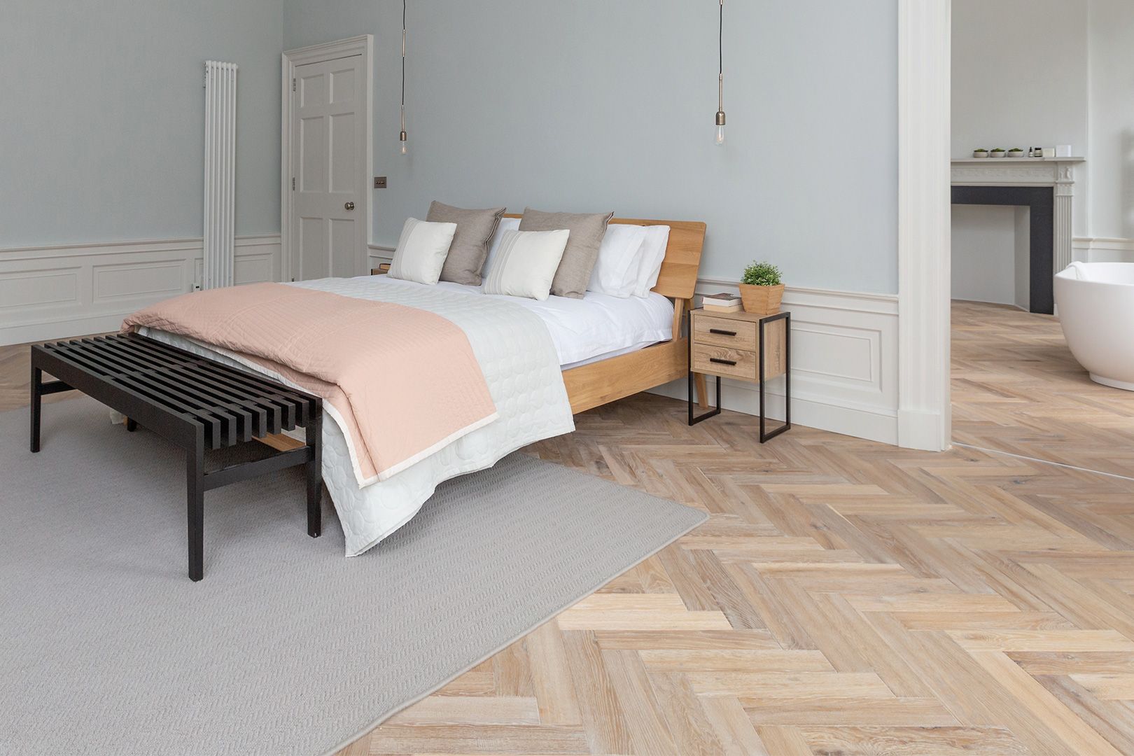 Herringbone wood flooring room setting
