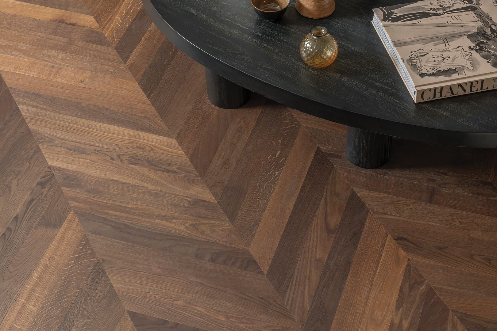 Chevron inspired wood flooring room setting