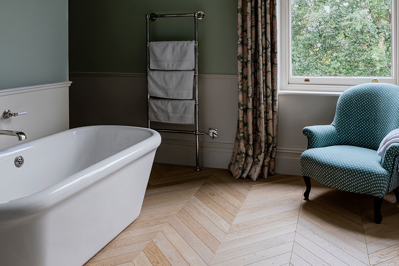 Chevron inspired wood flooring room setting