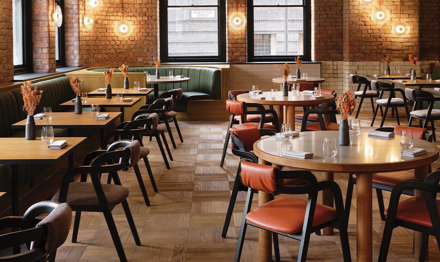 Restaurant interior with commercial wood flooring