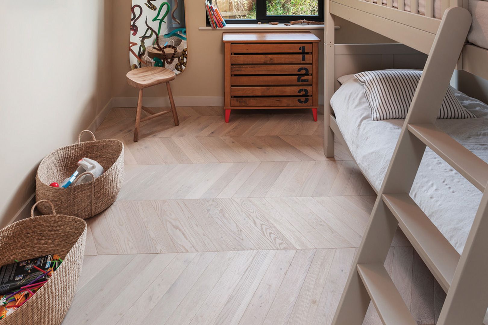 Chevron inspired wood flooring room setting