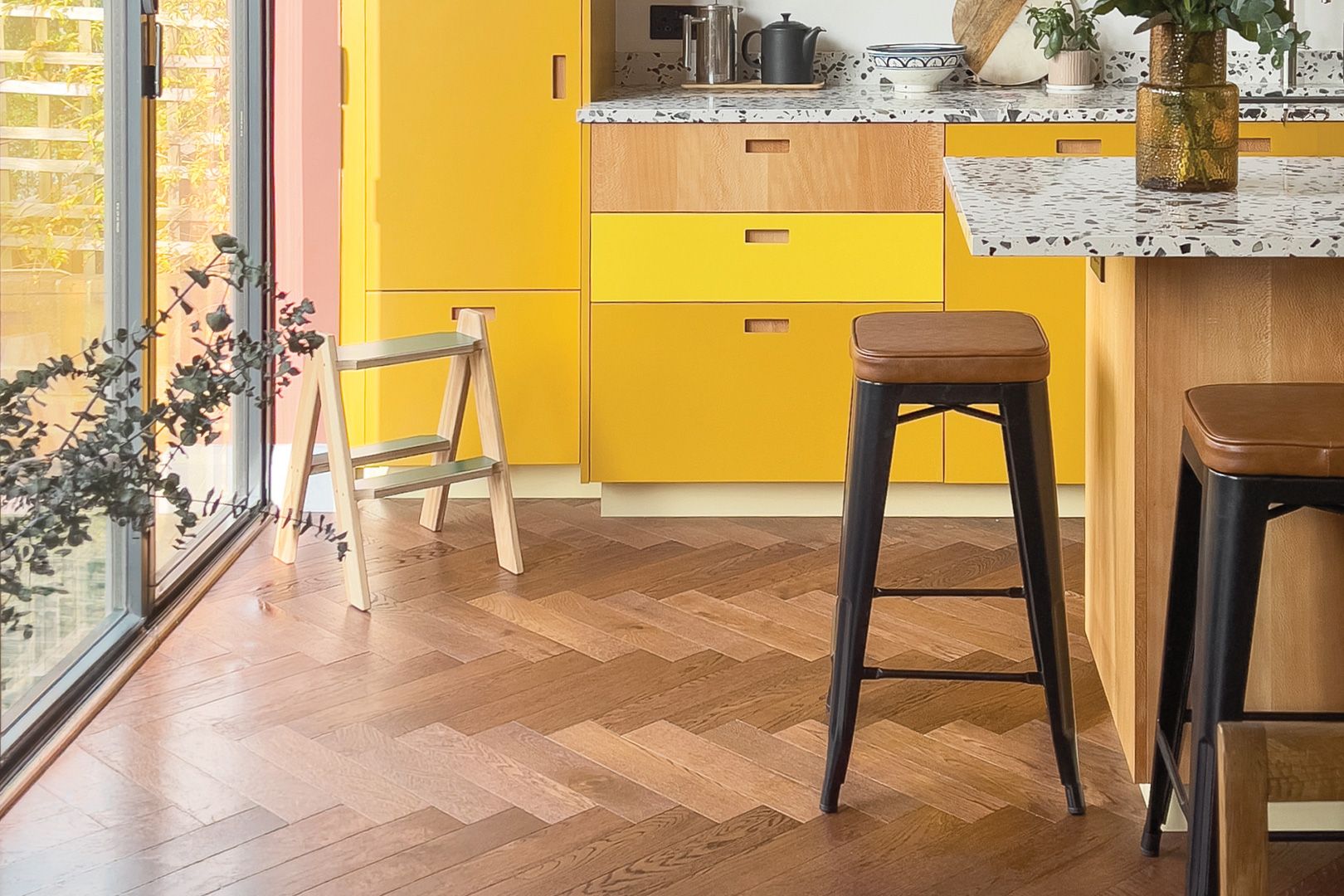 Herringbone wood flooring room setting