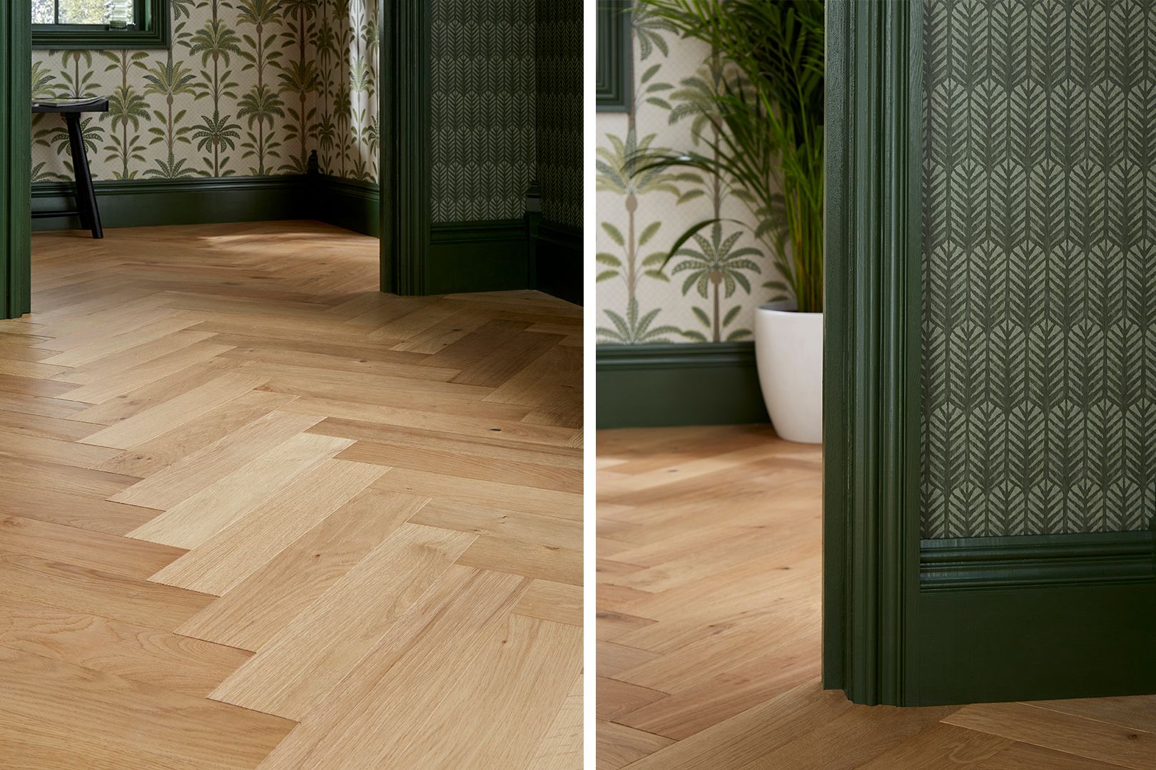 Almond Narrow Herringbone with Esselle Home Novena Green Wallpaper, Solana Green Wallpaper, Palmera Green Made-to-measure Curtain 