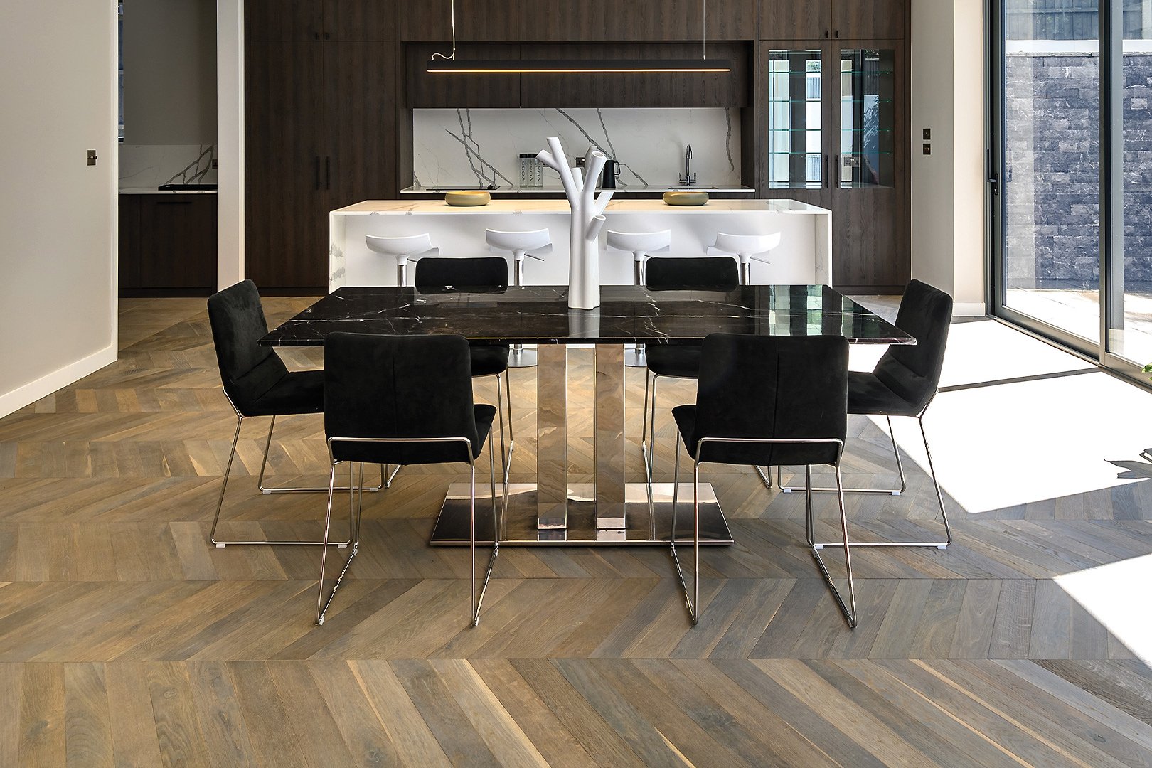 Chevron inspired wood flooring room setting