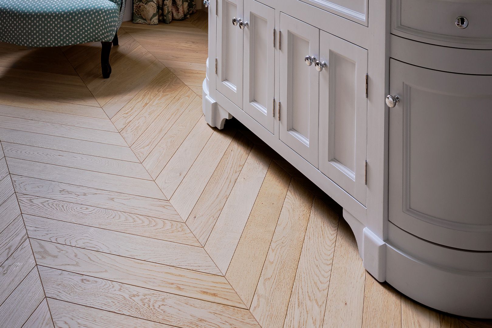 Chevron inspired wood flooring room setting