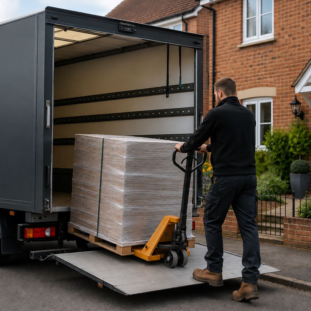 A person taking wood flooring panels out of a truck