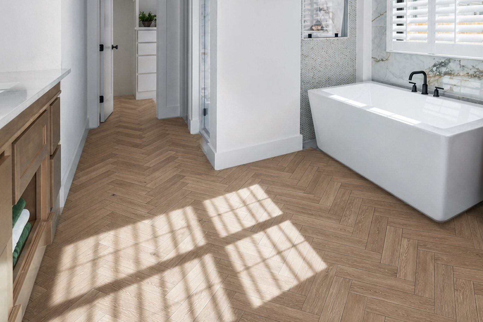 Herringbone wood flooring room setting