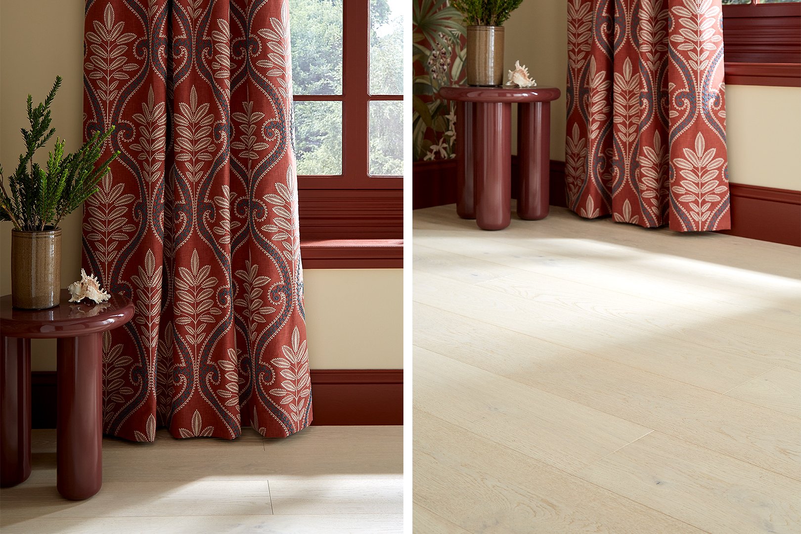 Linton Wide Plank with Esselle Home Monsoon Terracotta Curtain, Saffron Mulberry Walllpaper