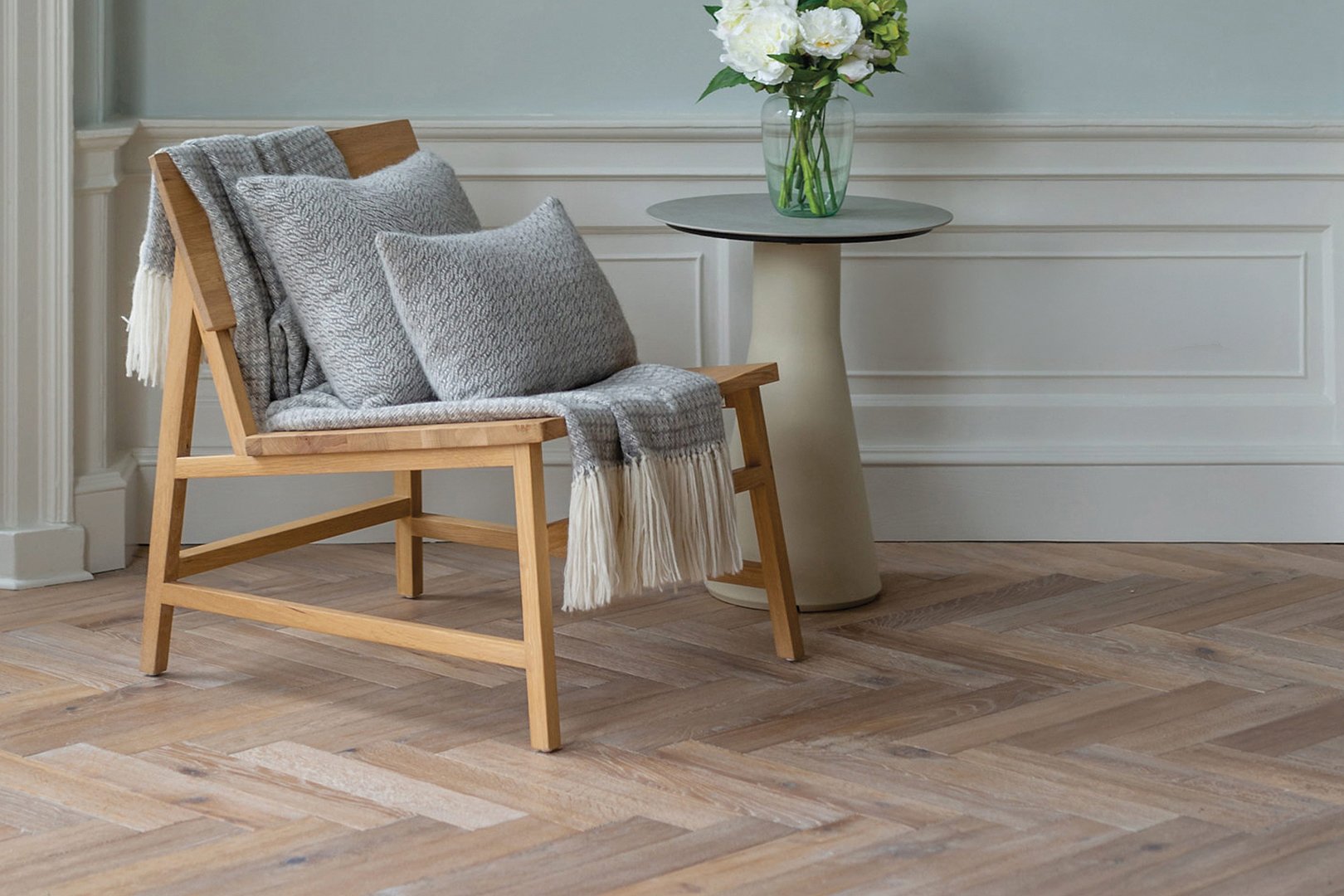 Herringbone wood flooring room setting