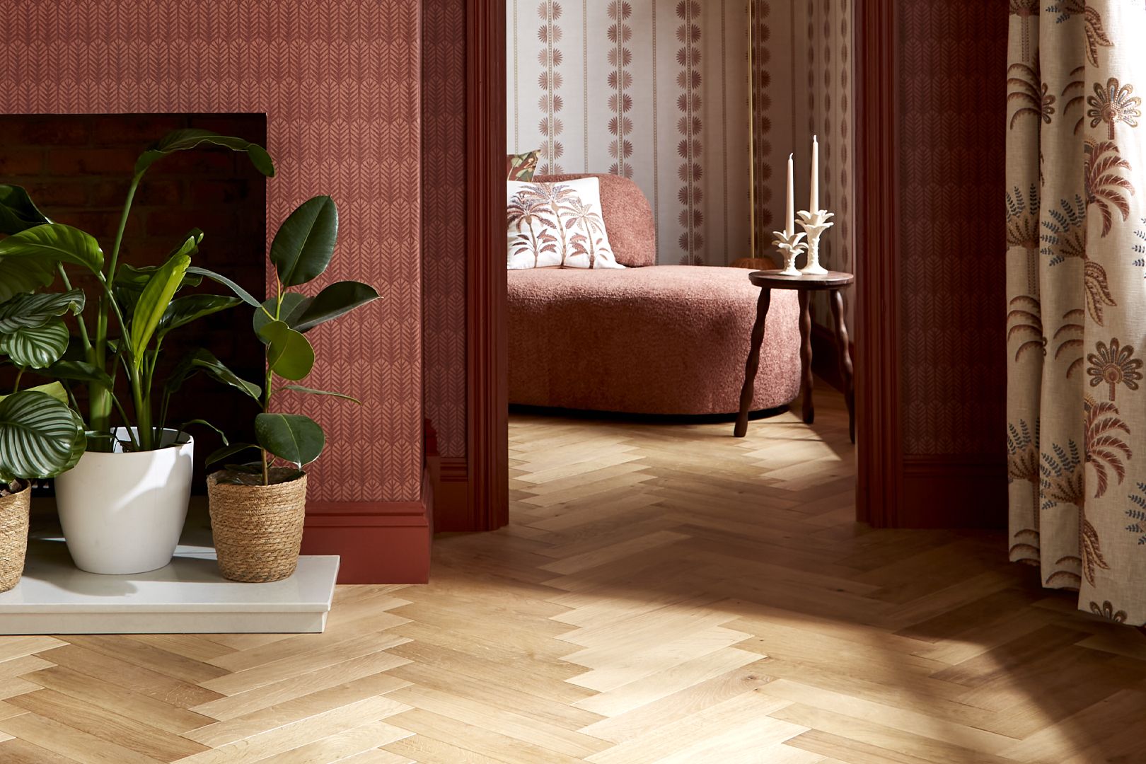 Almond Narrow Herringbone with Esselle Home Novena Terracotta & Saffron Mulberry Cushion, Solana Multicolour Curtain