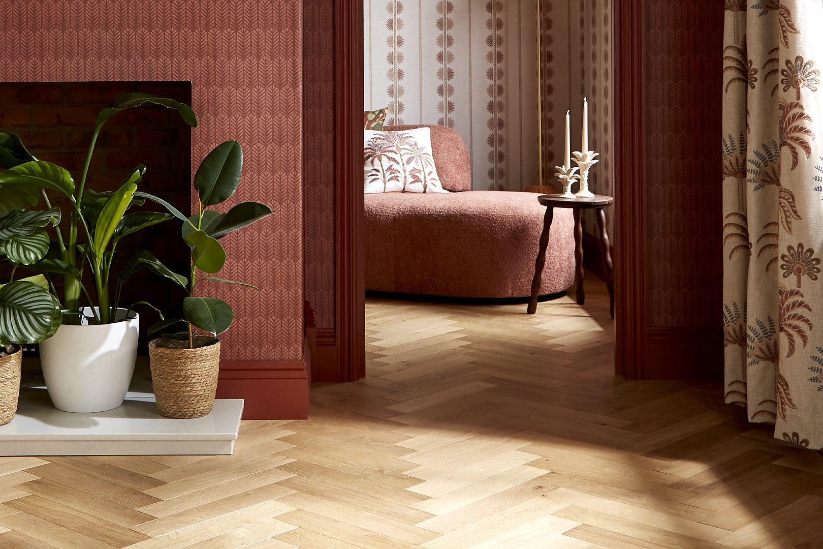 Almond Narrow Herringbone with Esselle Home Novena Terracotta & Saffron Mulberry Cushion, Solana Multicolour Curtain