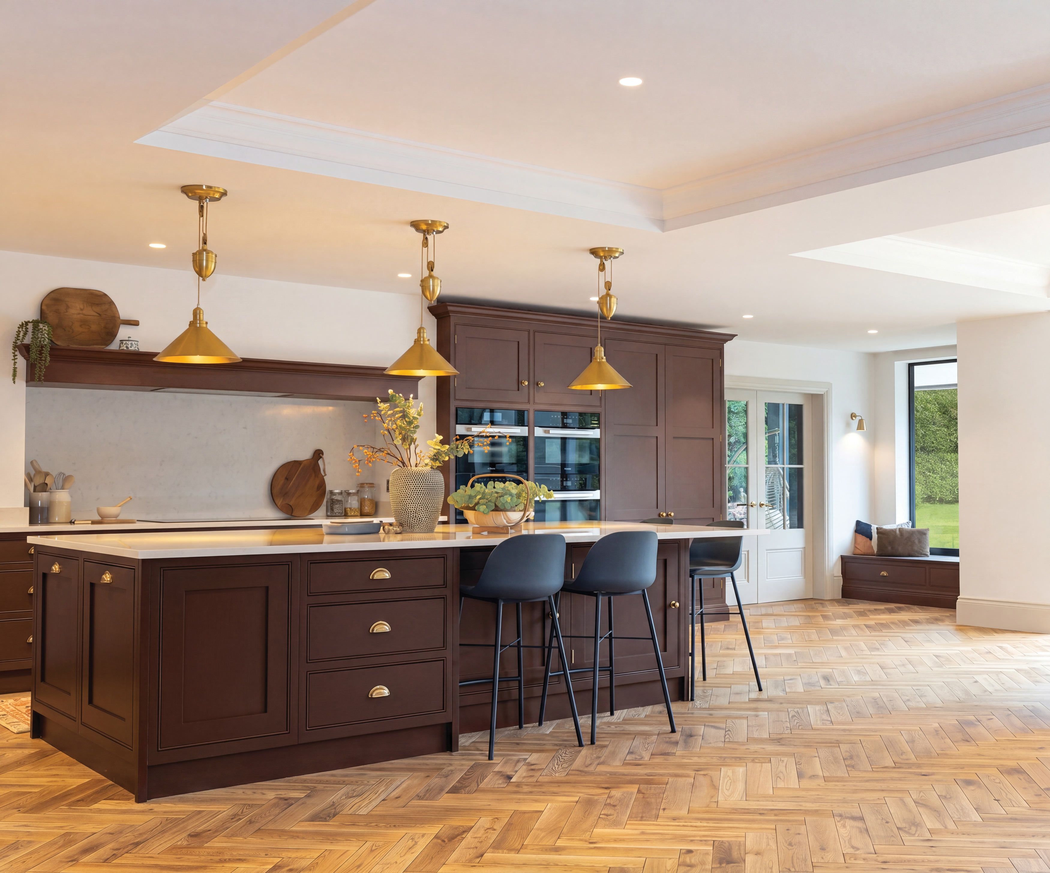 Crafted wood flooring across a sunlit kitchen space