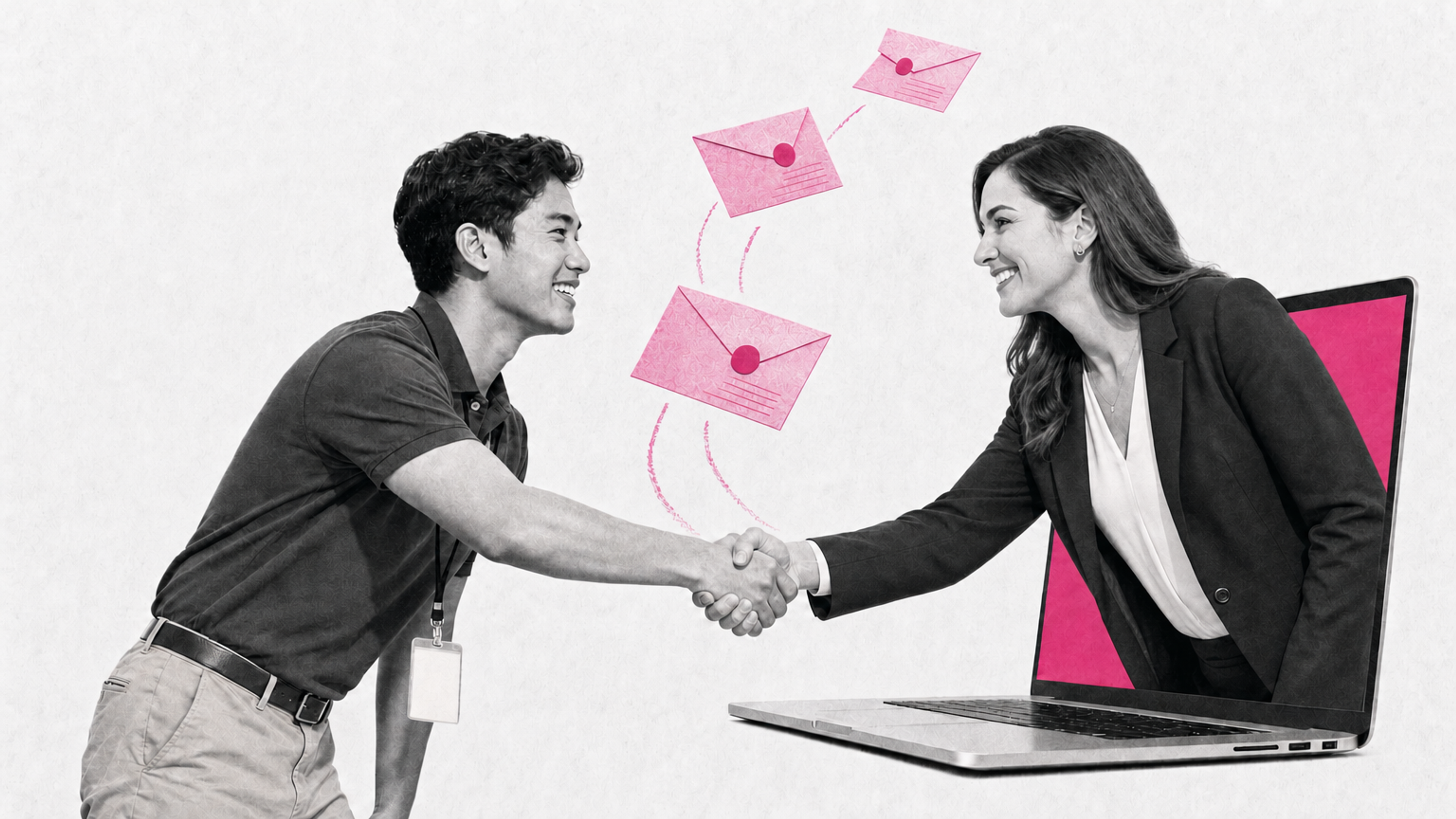 Physical therapy student shaking hands with a recruiter on a laptop video call at a virtual career fair, with student loan bills floating away