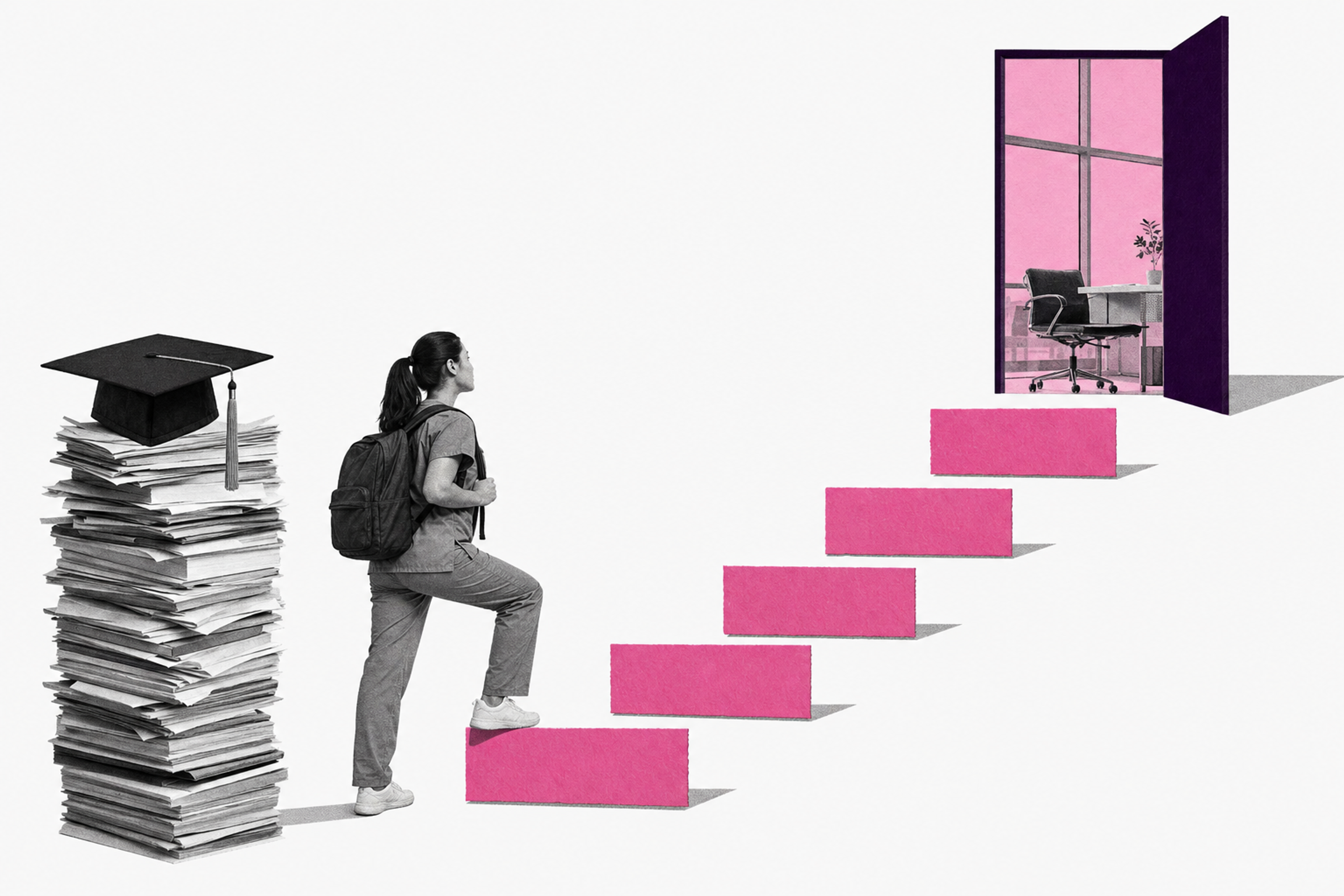 A nursing student climbing a staircase toward an open office door, beside a stack of paperwork topped with a graduation cap.