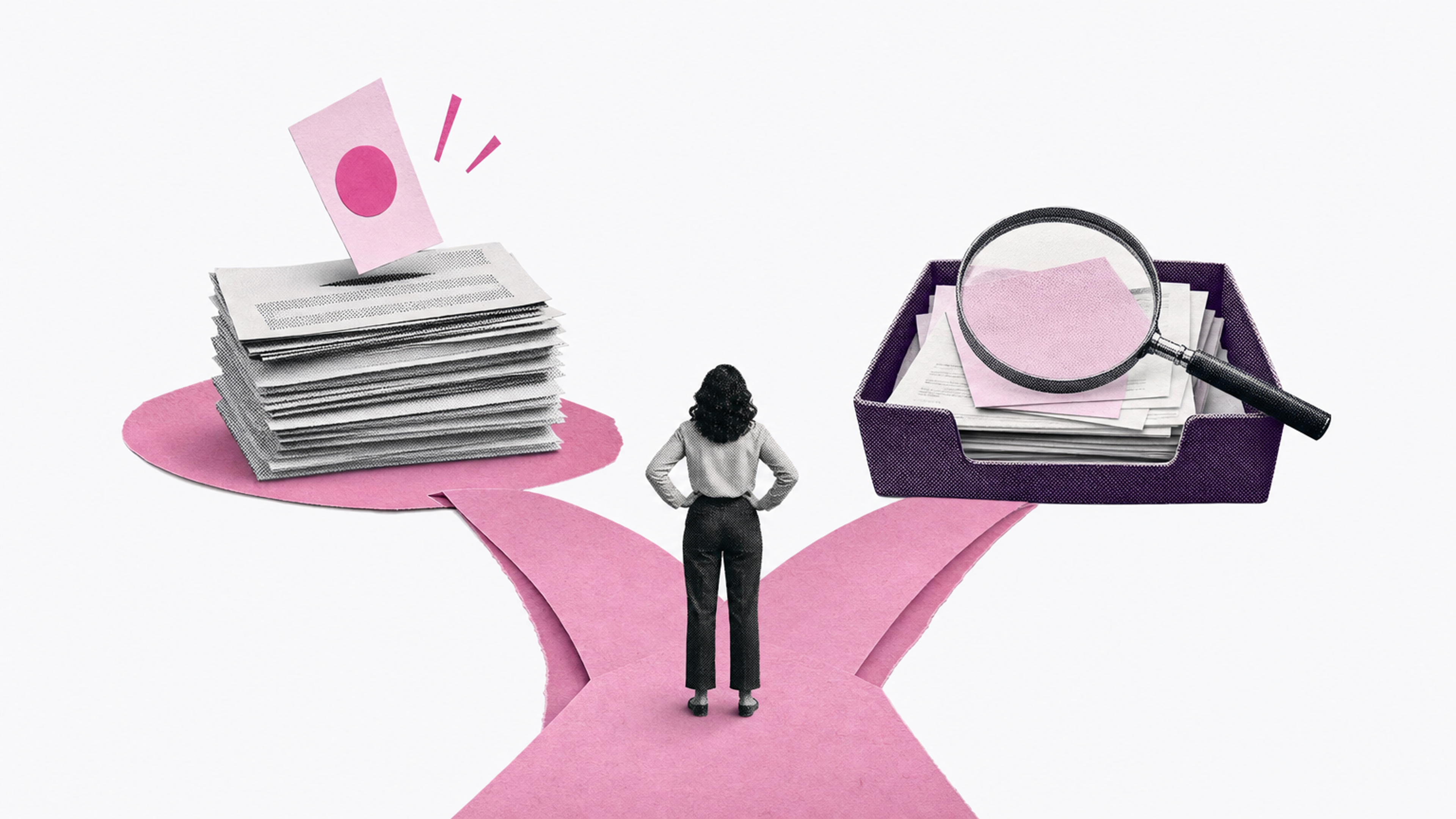 A paper-cut collage of a person standing at a fork between two paths: one leads to a stack of student loan statements with a payment slip landing on it, the other to a document tray under a magnifying glass.