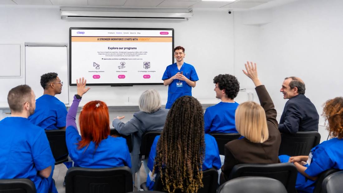 Clasp campus ambassador presenting to a class of healthcare students