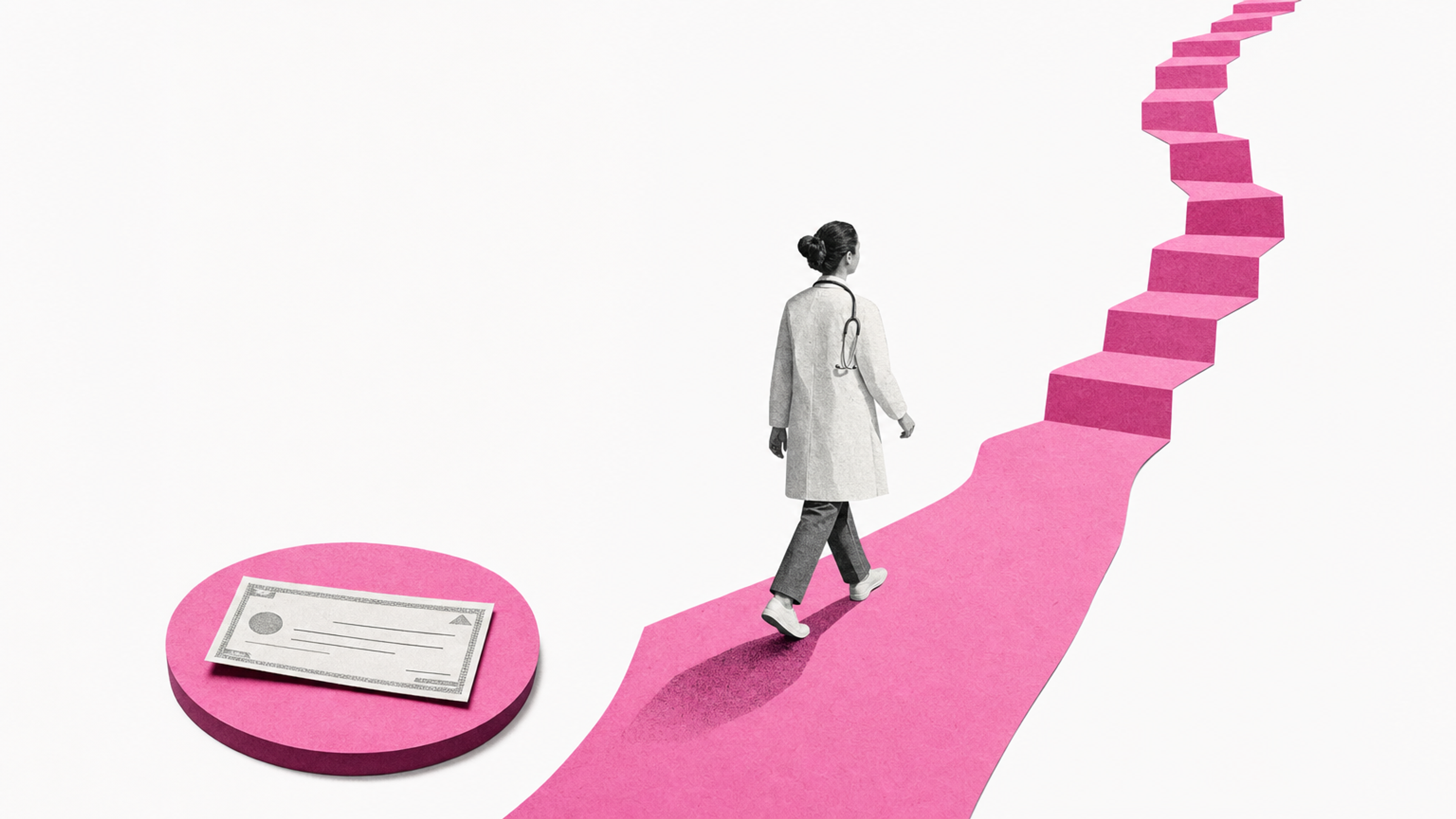 A paper clinician walking a rising pink paper staircase, leaving a flat paper check on a round pink disc behind