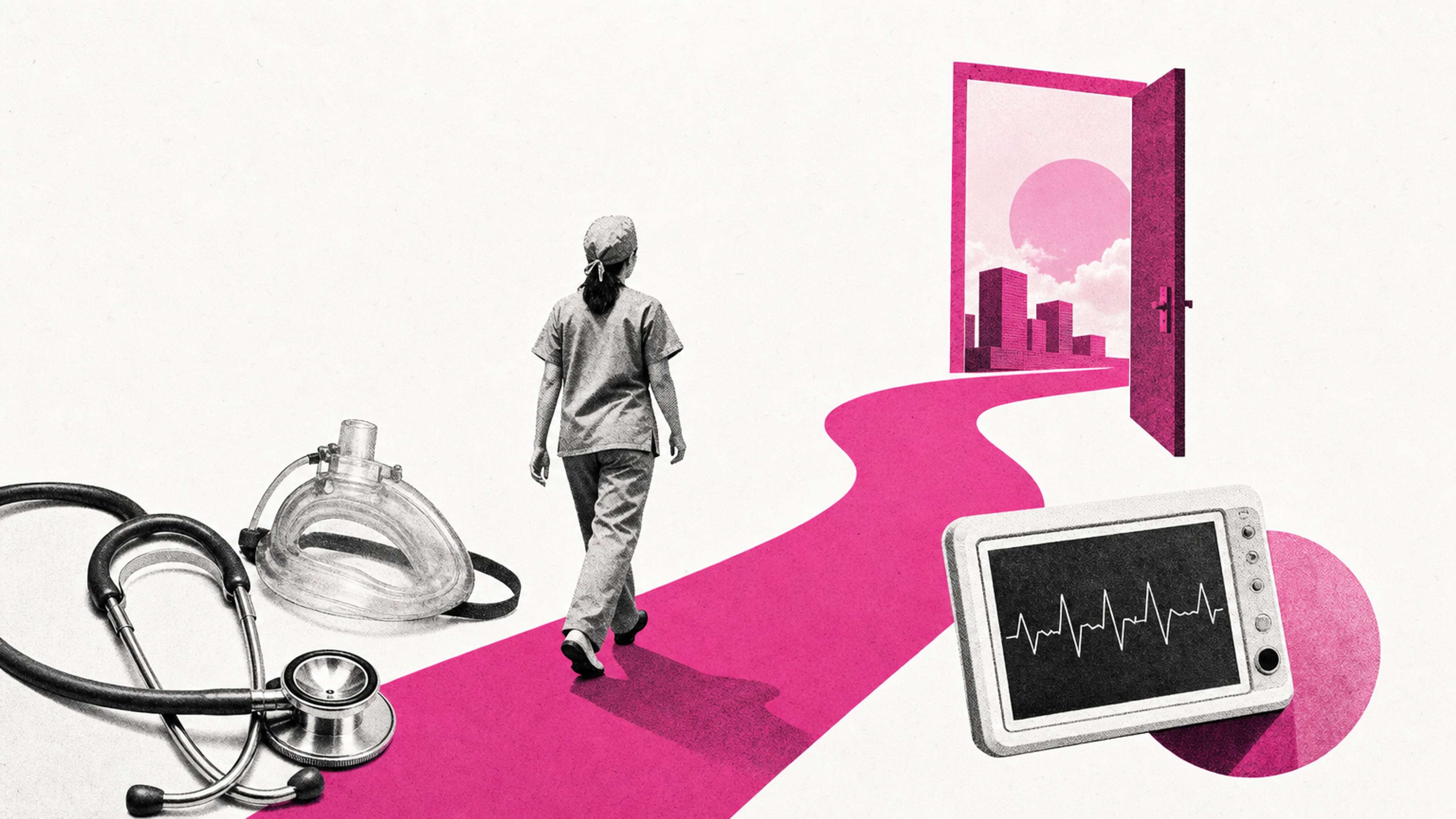 Nurse anesthesia student in scrubs walking a path toward an open door, past an anesthesia mask, stethoscope and patient monitor