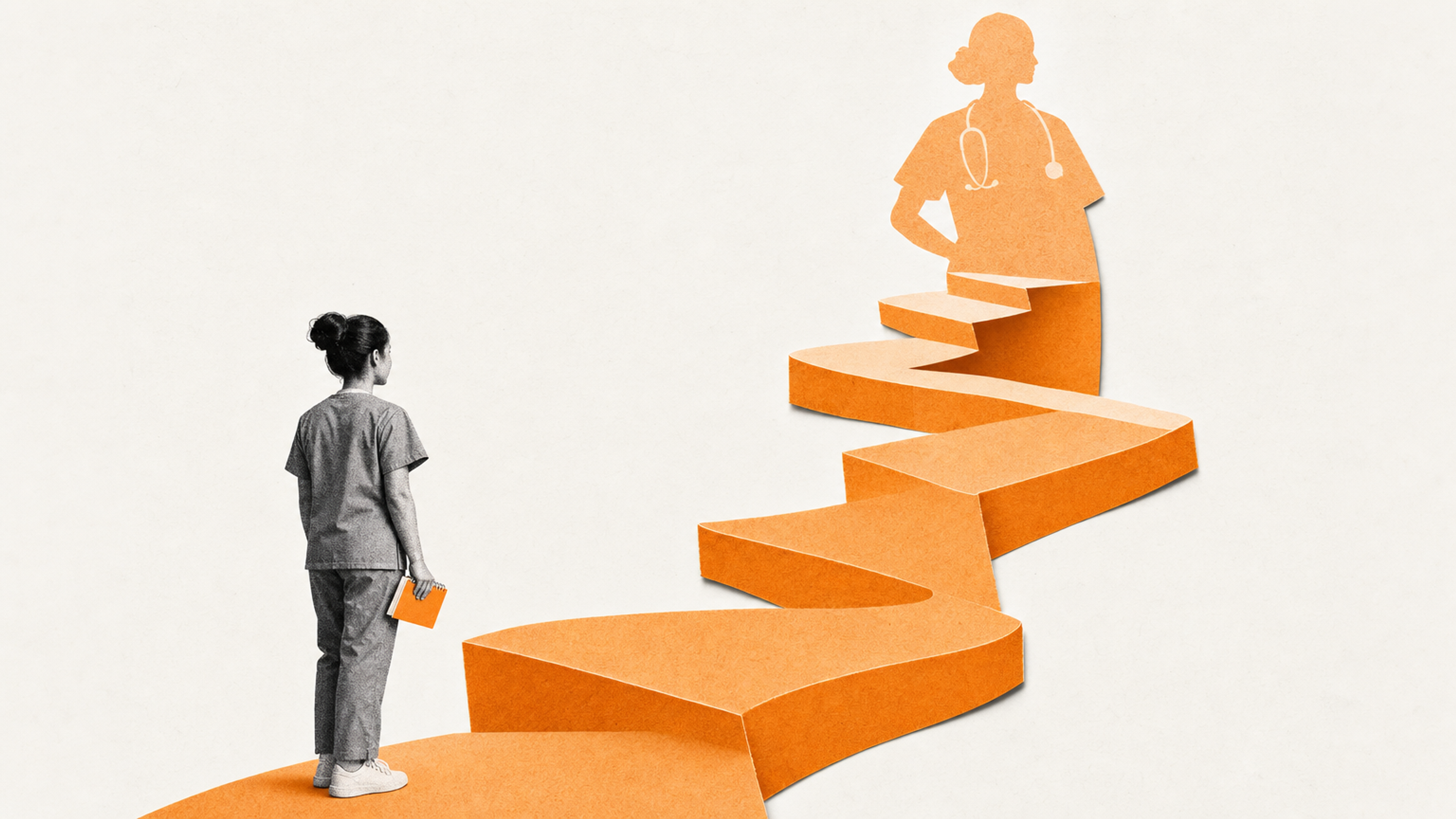 A paper nurse holding a notebook at the foot of a winding orange paper path that climbs toward a larger nurse silhouette