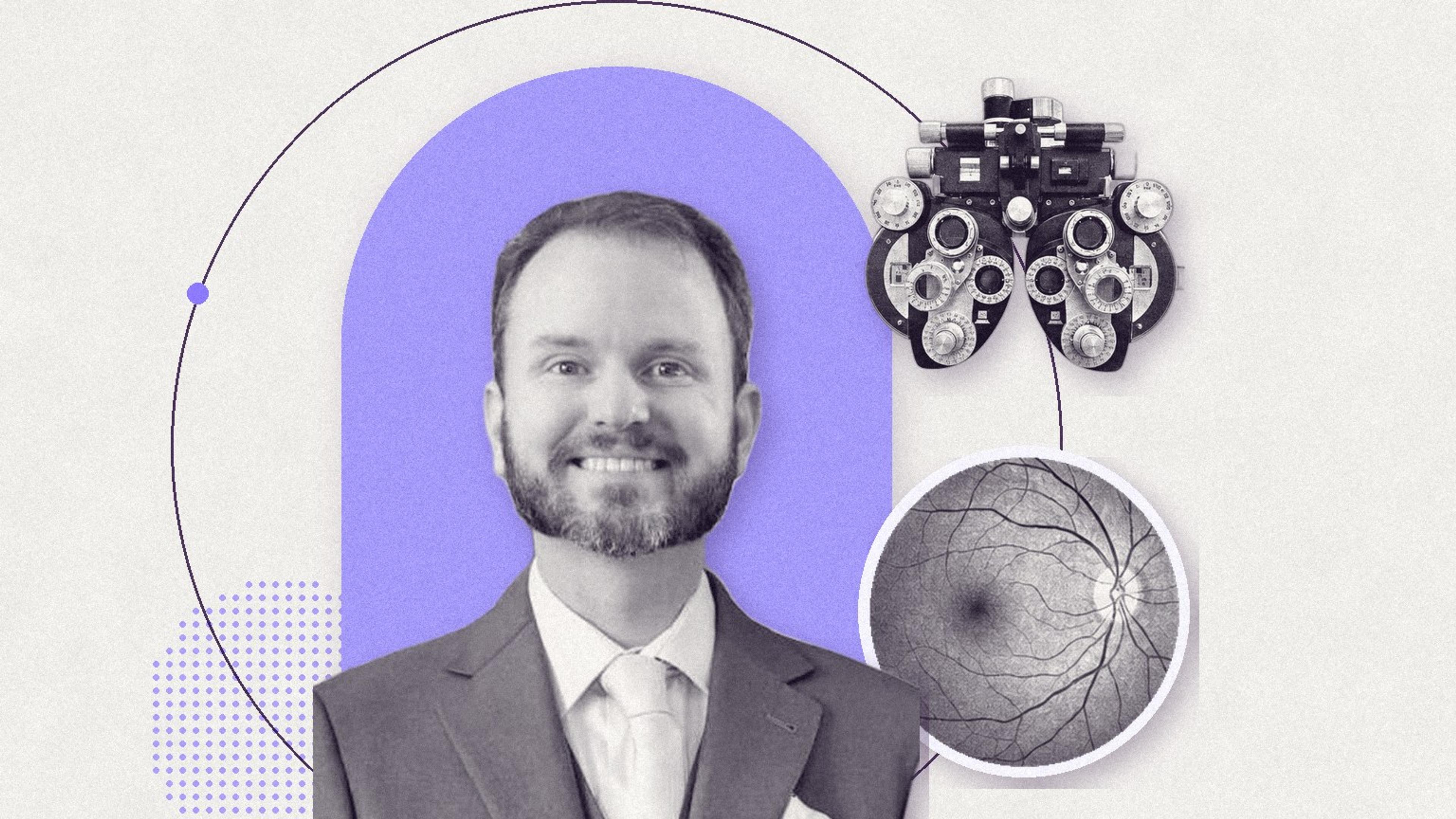 Portrait of Dr. David Holland, medical optometrist at Maryland Vision Institute, alongside a phoropter and a retinal image