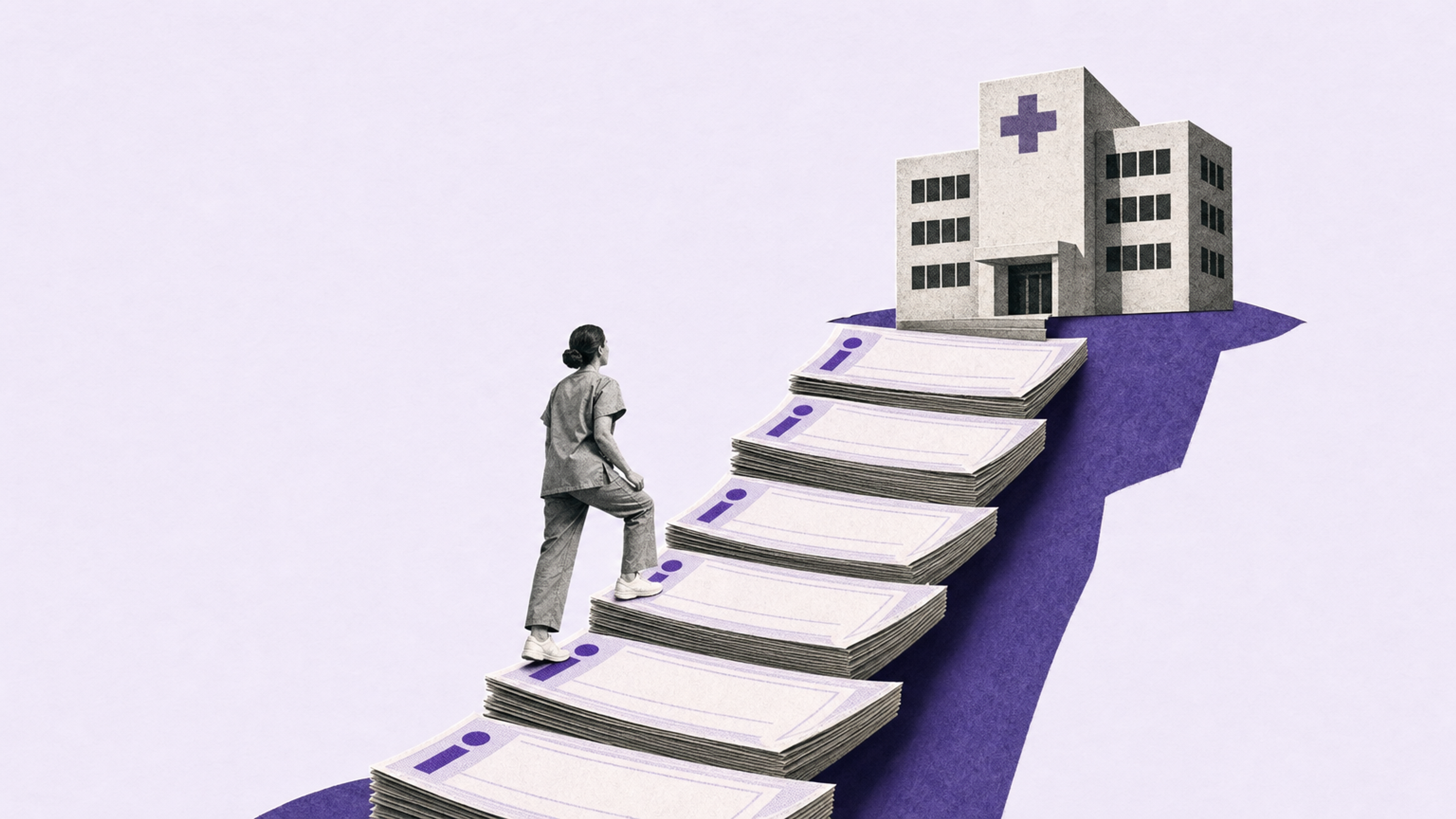 A paper clinician in scrubs climbing a staircase of stacked paper payment slips that leads up to a hospital building