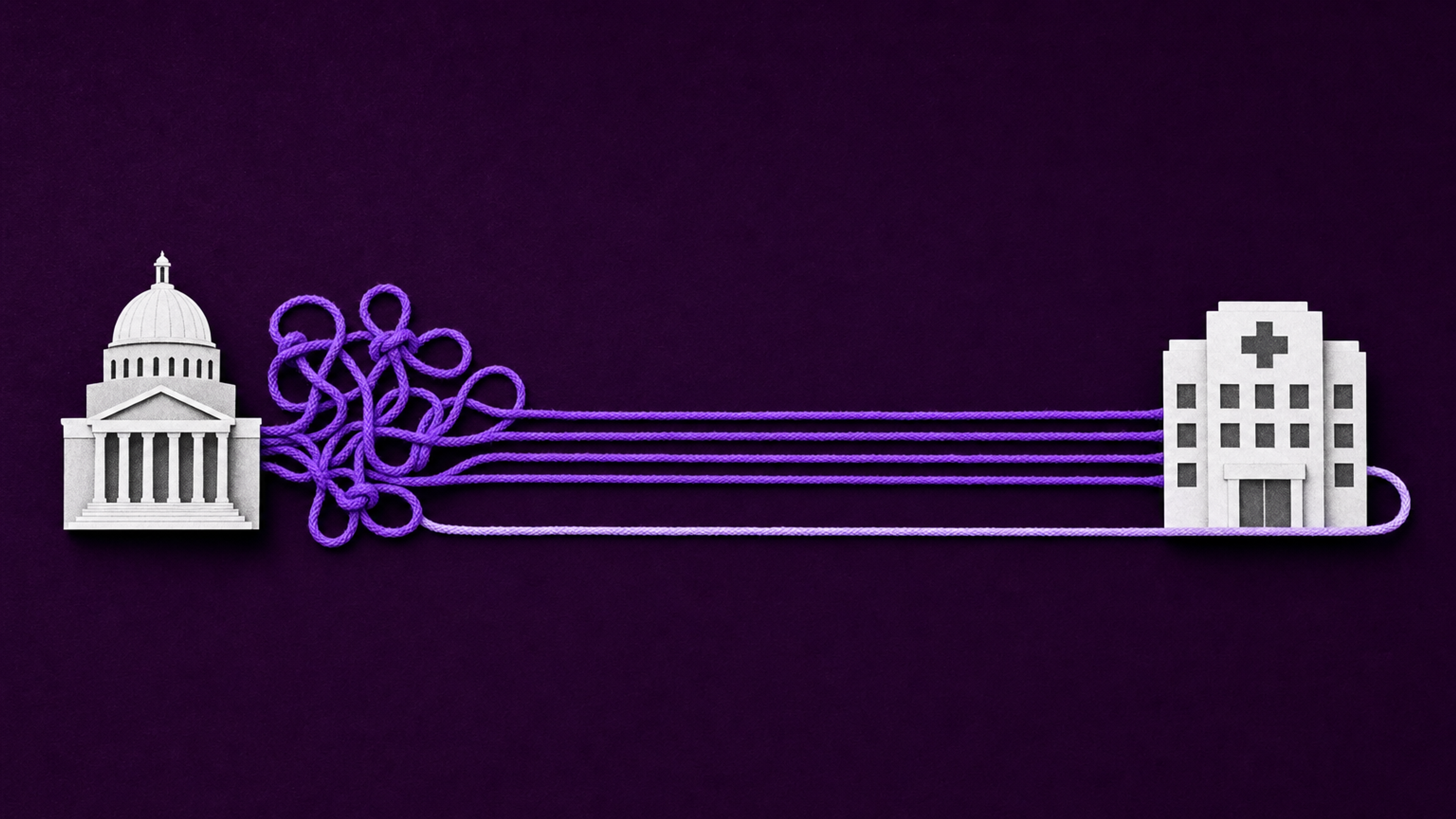 A paper Capitol building and a paper hospital connected by violet cords, with one separate cord running alongside the others rather than replacing them