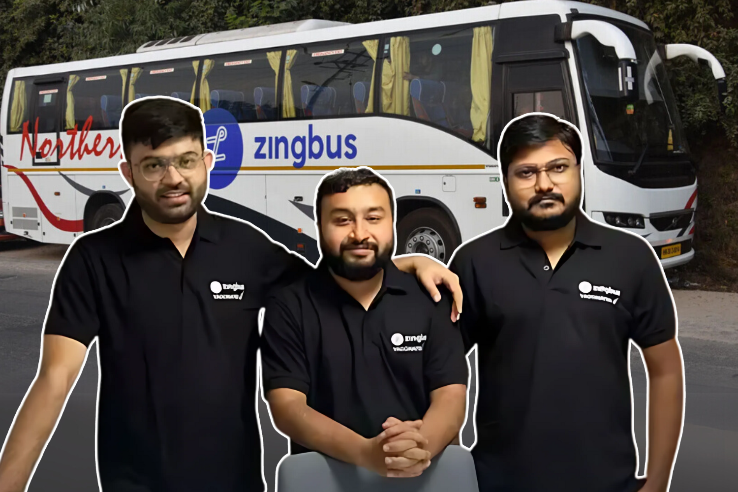 Three men in matching black polo shirts featuring the "zingbus" logo pose confidently in front of a white and red "zingbus" branded bus, representing a transportation service.