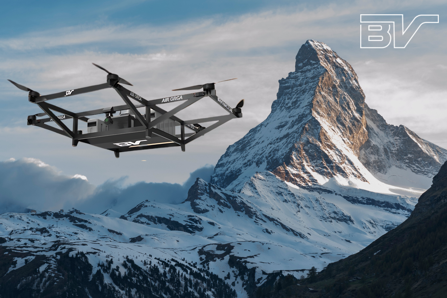 Image of BonV aero drone flying into mountains
