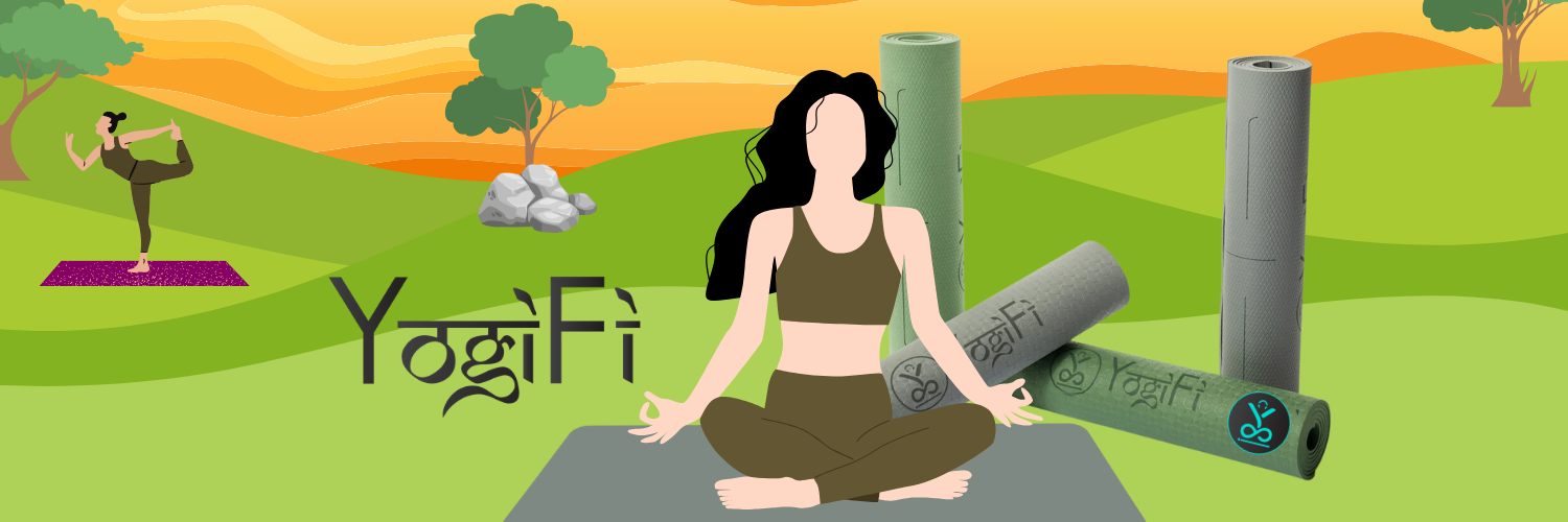 The image features a tranquil outdoor yoga scene set against a backdrop of a gentle sunrise and green landscape. On the left, a person is performing a yoga pose on a purple mat. In the center, a woman is seated cross-legged in meditation on a brown yoga mat. Several rolled yoga mats are displayed to the right, including one with the "YogiFi" branding. The "YogiFi" logo appears prominently in the foreground, symbolizing the brand's connection to nature and wellness. This serene setting evokes a peaceful and engaging environment for yoga enthusiasts.