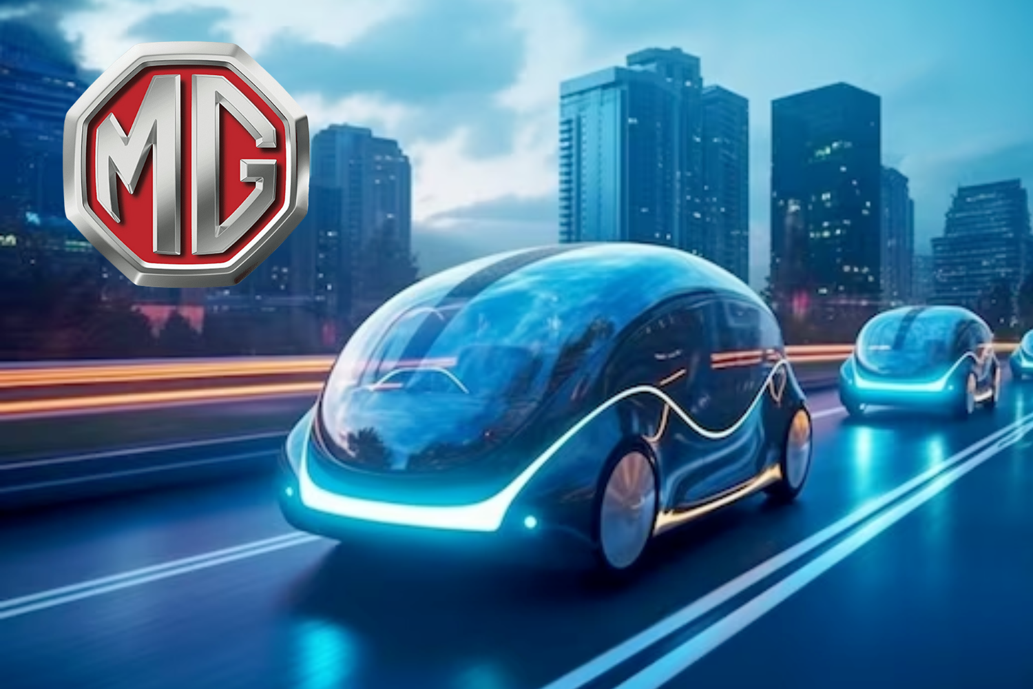 The image shows two sleek, futuristic, pod-like vehicles driving on a city road at dusk. The vehicles have glowing blue lights along their edges and are designed with a smooth, streamlined, and reflective surface. In the background, tall modern buildings rise against a cloudy sky, while light trails from the road suggest motion and speed. On the left side of the image, the "MG" logo appears prominently in silver and red, indicating the vehicles are associated with the MG brand. The overall scene gives a sense of innovation and advanced automotive technology.
