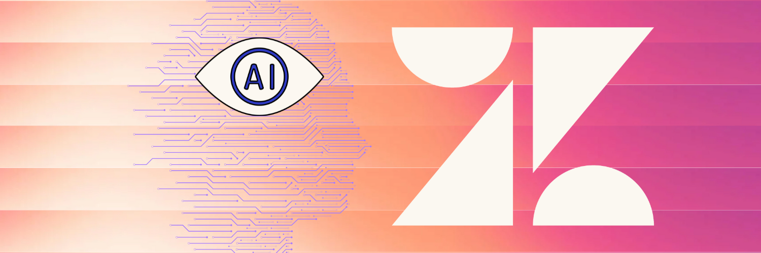 This image features a banner with a modern and digital design aesthetic. The background is a gradient of peach to pink colors. Centered on the left side, there's a stylized eye-like logo with "AI" in the center, surrounded by circuit-like lines, suggesting technology or artificial intelligence themes. On the right side, a large, bold letter "Z" in white overlays the gradient, which could represent the initial of a brand or company. The design is sleek and contemporary, suitable for a tech-focused visual identity.