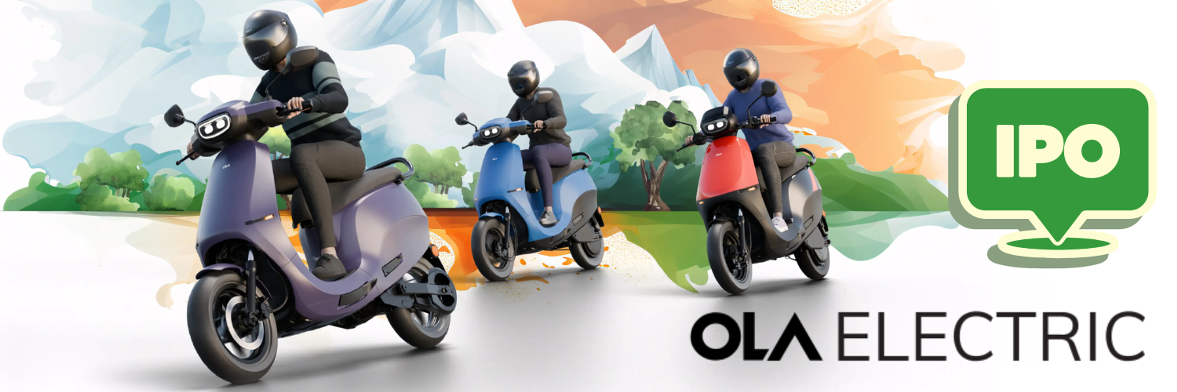 This image shows a promotional banner for Ola Electric's Initial Public Offering (IPO). It features three riders, each on a different colored electric scooter (purple, blue, and red), moving across a stylized, colorful landscape. The background blends abstract shapes in green, orange, and blue, suggesting mountains and trees, creating a dynamic and eco-friendly theme. To the right, there's a prominent "IPO" sign in green with the Ola Electric logo above it, emphasizing the event. The overall design is modern and appealing, geared towards attracting investors and environmentally conscious consumers.