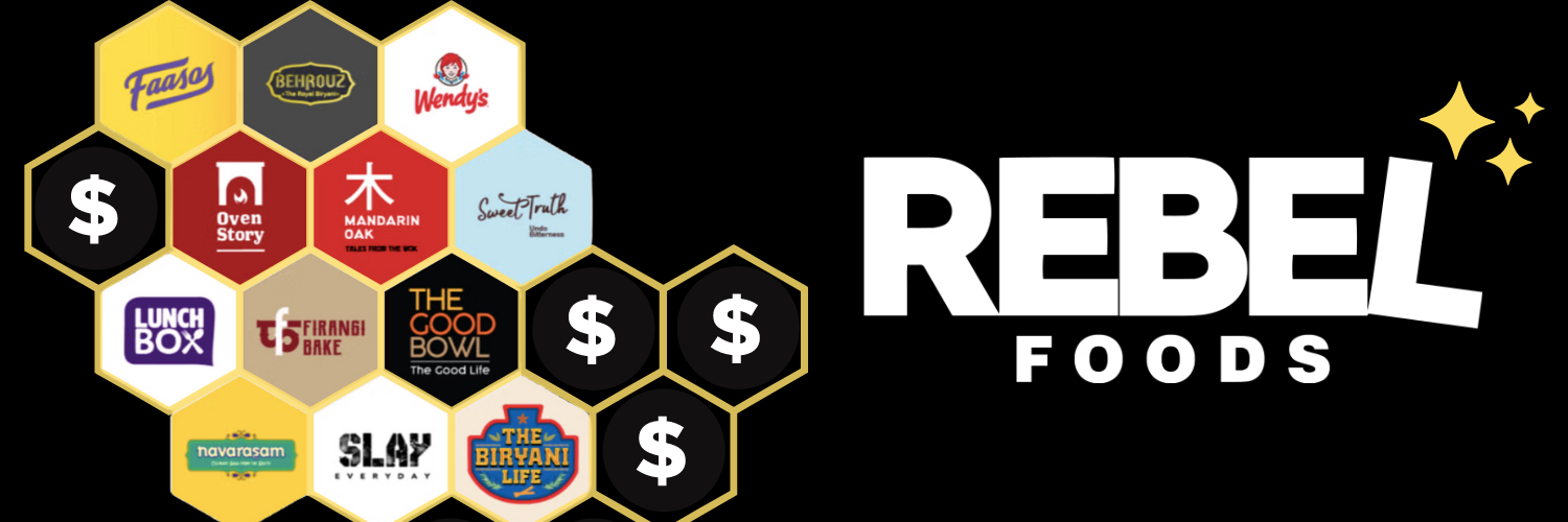 This image features a visual representation of the Rebel Foods brand, showcasing a collection of hexagonal tiles, each bearing the name and logo of different food brands managed by Rebel Foods, such as Faasos, Behrouz, Wendy's, and Oven Story. The tiles are arranged around the bold Rebel Foods logo in the center, interspersed with dollar sign symbols, indicating the financial aspect of the company, likely in reference to funding or revenue. The arrangement and design highlight the diversity and scale of Rebel Foods' operations in the cloud kitchen and food delivery sector.
