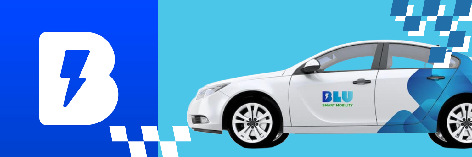 This image is a wide banner featuring a modern white electric car on the right, labeled "BLU Smart Mobility," positioned against a bright blue background. On the left, there is a large white letter 'B' with a lightning bolt inside it, symbolizing energy or electricity, set against a similar blue backdrop. The overall design includes digital-style accents and pixelated patterns transitioning between the car and the logo, suggesting a theme of technology and innovation in mobility.
