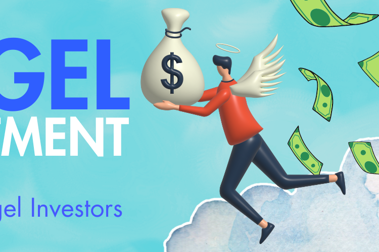 Banner image depicting angel investment with the text 'Angel Investment' and 'Attracting Angel Investors'. The illustration features a person with angel wings holding a bag of money while floating in the sky, surrounded by flying dollar bills against a blue sky with clouds.