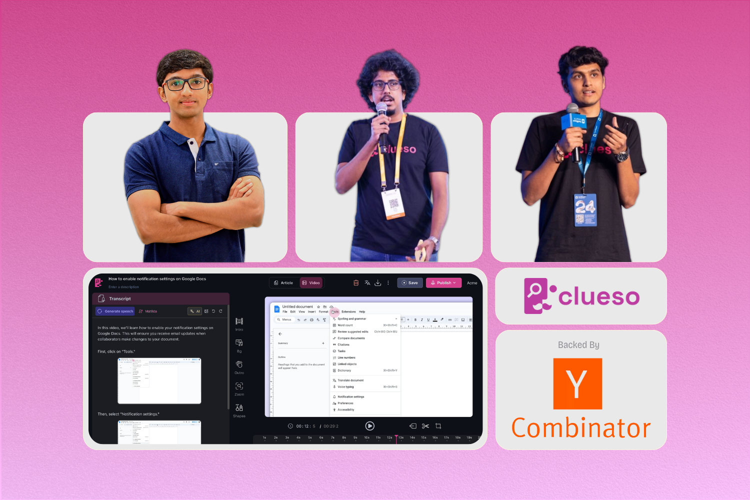 A vibrant pink background featuring three team members of Clueso in individual frames above a screenshot of their product interface. Logos of Clueso and Y Combinator, indicating their backing, are also displayed.