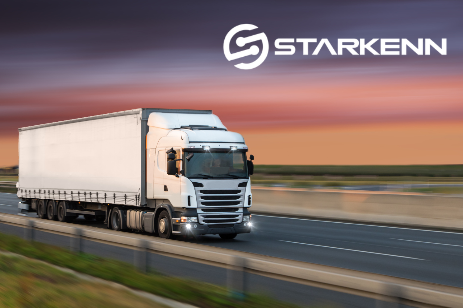A white semi-truck driving on a highway during sunset with a blurred background, emphasizing motion. The company logo, "STARKENN," is displayed in the upper right corner of the image.