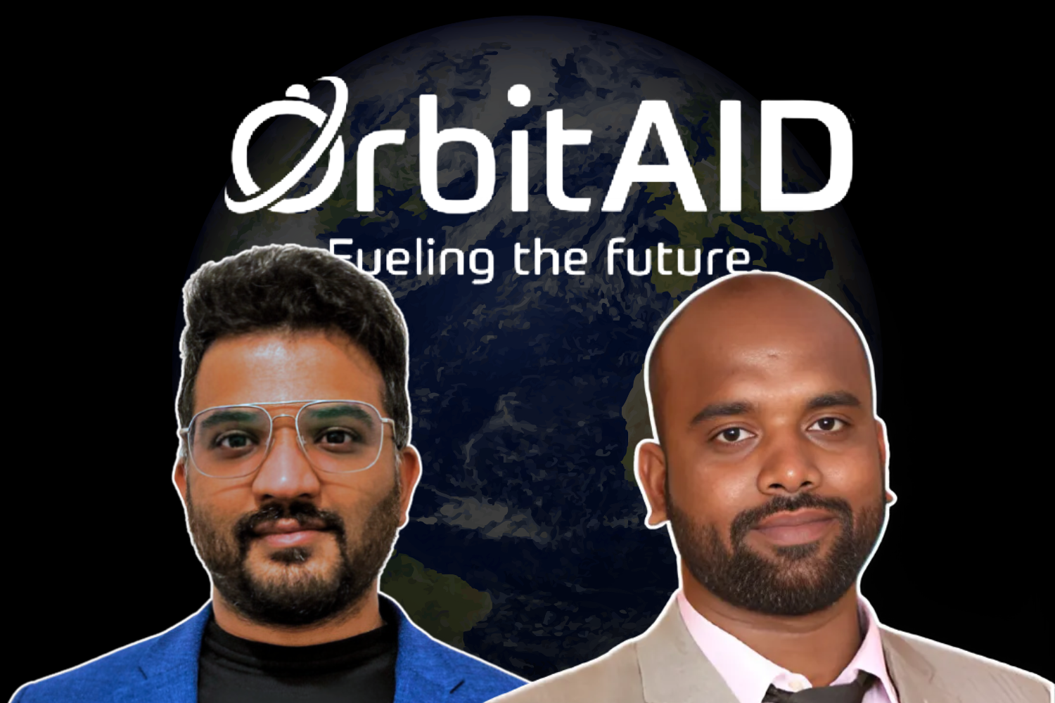 Two men in formal attire are featured in front of a dark background showing Earth from space. The text 'OrbitAID: Fueling the future' is displayed above them, with a stylized orbit symbol encircling the letter 'O.
