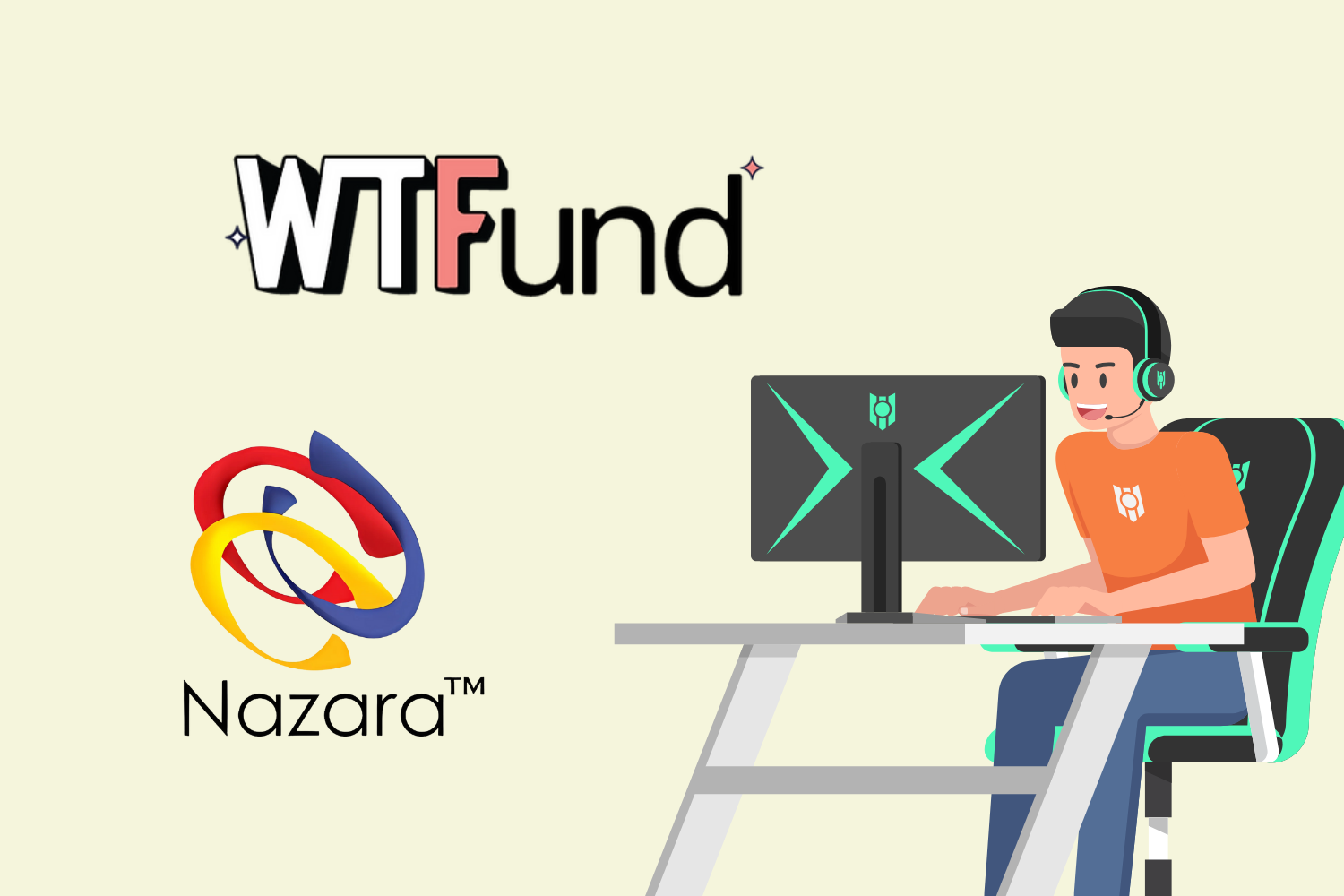 This image features the logos of WTFund and Nazara Technologies alongside a gaming-themed illustration, showcasing a player in a headset engaged with a gaming setup. The design highlights the connection between these investors and the gaming industry.