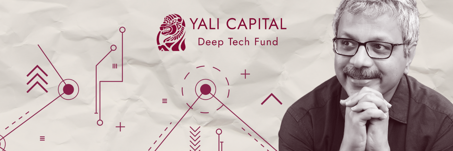A banner image featuring the logo of Yali Capital with the tagline "Deep Tech Fund." The logo, a stylized lion, appears on the left side of the image. To the right, there are abstract geometric shapes and lines representing technology and circuits. On the far right, a grayscale portrait of a man with glasses and a mustache is seen, resting his chin on his clasped hands, smiling thoughtfully. The background has a crumpled paper texture, giving the image a dynamic and textured look.