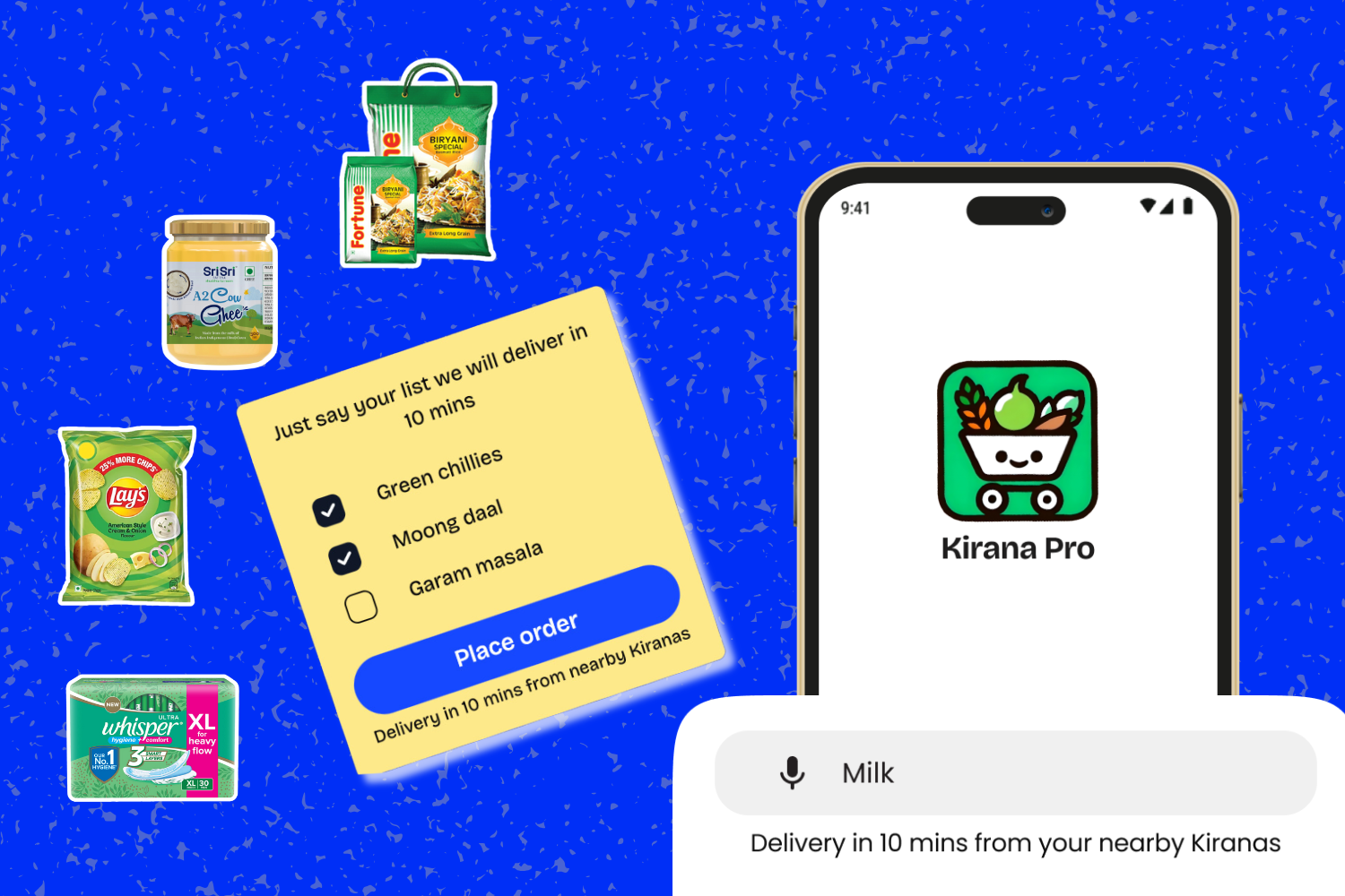 A promotional banner for the "Kirana Pro" app, featuring grocery items like ghee, rice, chips, and sanitary products on a blue textured background. A mock-up of the app on a phone screen displays options for quick delivery within 10 minutes from nearby Kirana stores.