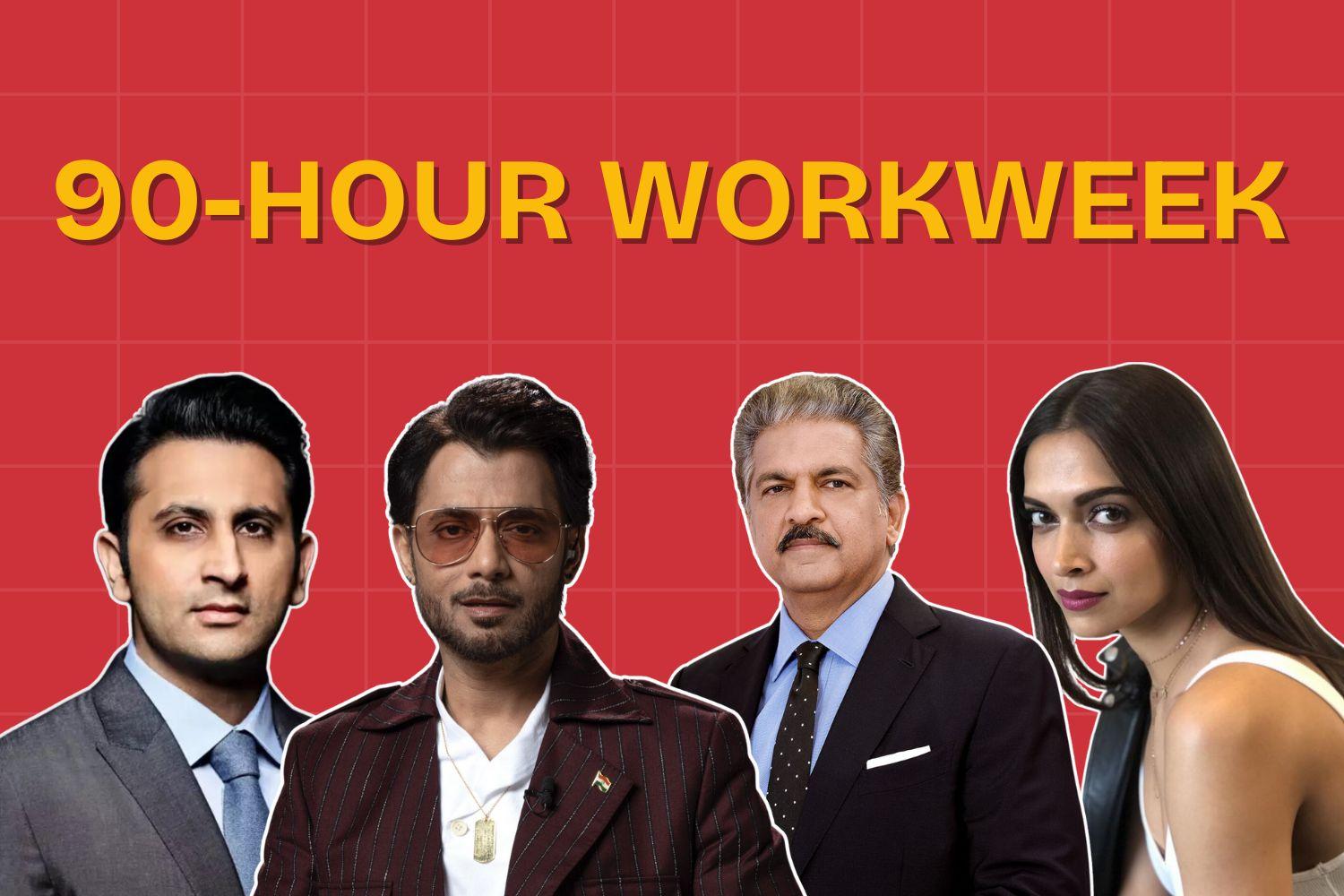 A collage featuring four individuals against a red background with a grid pattern. The bold yellow text reads "90-HOUR WORKWEEK." Image 3 (India Map with Bitcoin Ban):