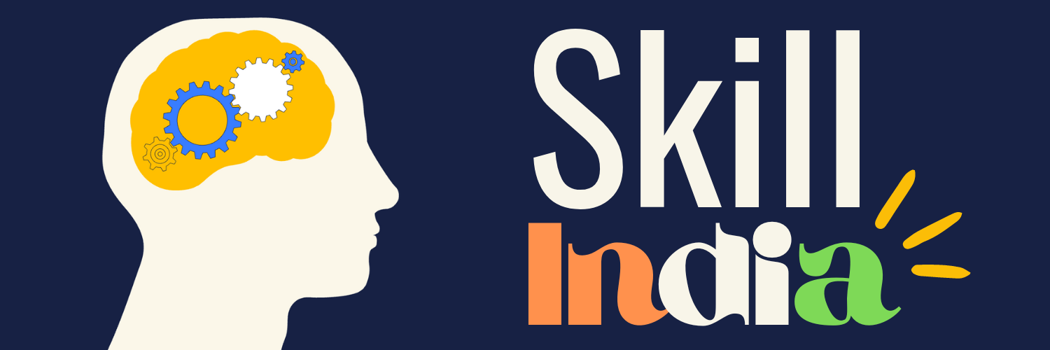 Illustrative graphic for Skill India campaign featuring a silhouette of a human head in profile against a navy blue background. Inside the head, colorful gears symbolize brain activity, aligned with the 'Skill India' logo in vibrant orange and green, emphasizing cognitive growth and skill development.
