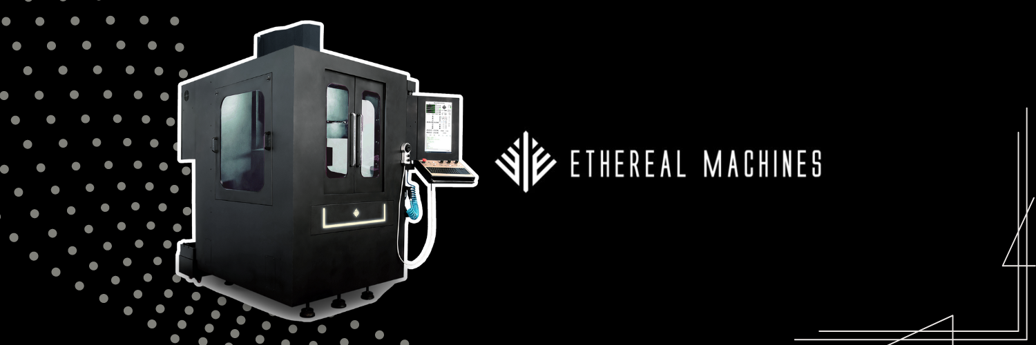 The image features a large, modern CNC machine prominently displayed on a black background with a dotted pattern. To the right, the logo of Ethereal Machines is visible, signifying the brand. The overall design has a sleek, technical aesthetic, highlighted by a minimalistic color palette of black and subtle grays, which sets a professional and cutting-edge tone. The image is wide, likely designed to serve as a banner or header for digital content.