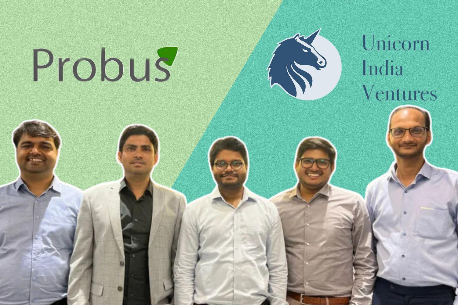 A group of five men in business attire stand against a green and teal background, representing the companies Probus and Unicorn India Ventures. The Probus logo appears on the left side, while the Unicorn India Ventures logo is on the right.