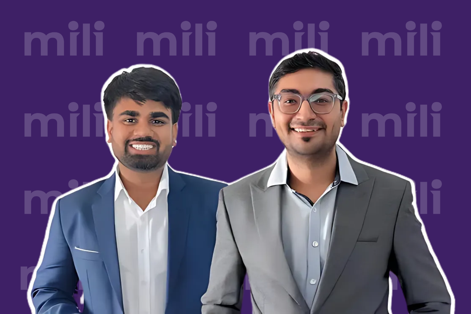 Two men in formal business suits smile confidently against a purple background with the repeated text "mili" in light font, representing the branding of Mili's AI-driven platform.