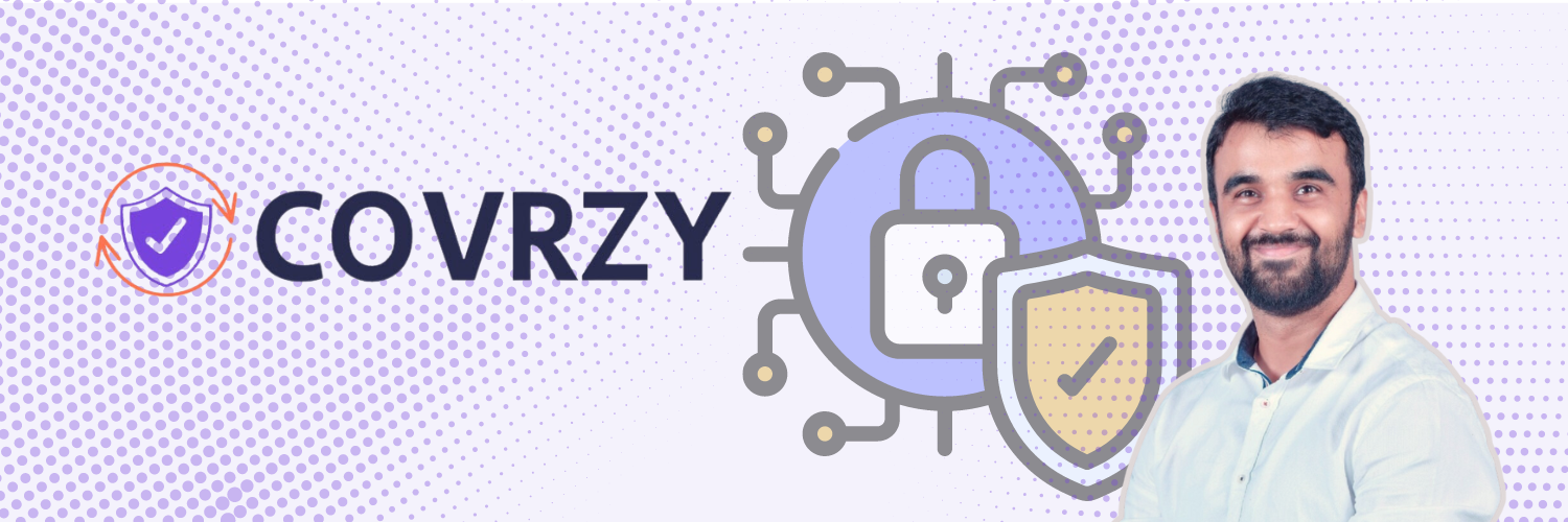 Covrzy logo with a shield and lock icon, alongside a smiling man in a light shirt, representing Covrzy's commitment to secure and innovative insurance solutions.
