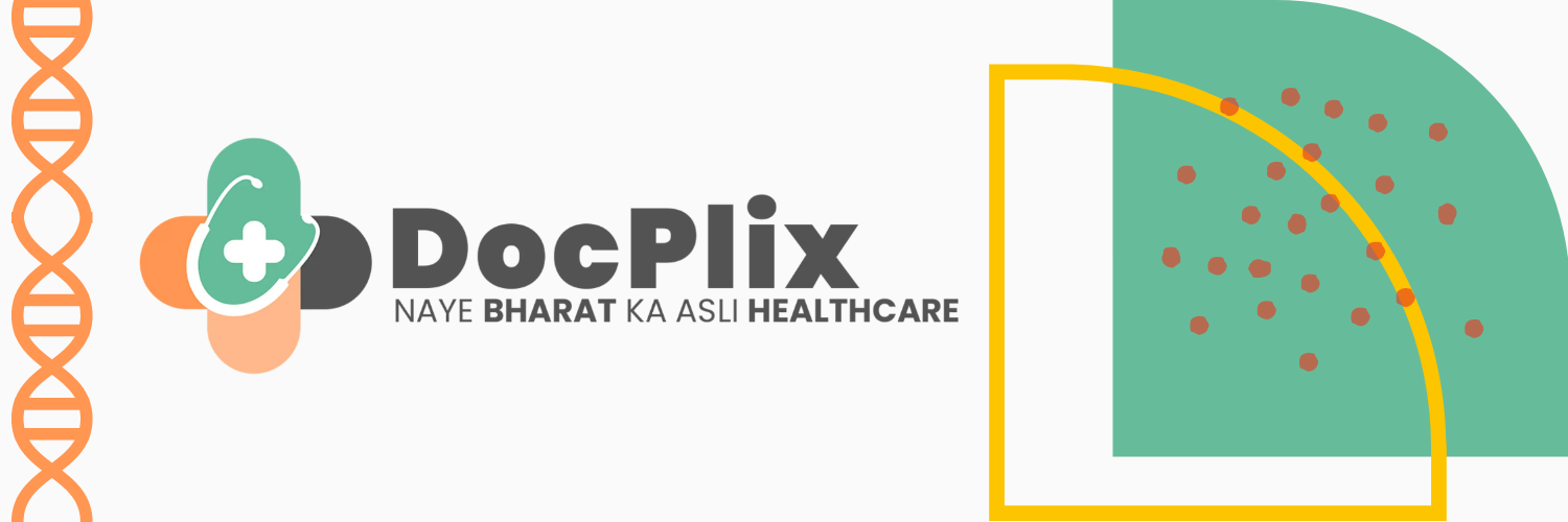 The image is a banner featuring the logo and branding for DocPlix, with the tagline "Naye Bharat Ka Asli Healthcare." The logo includes a stylized stethoscope forming a cross, with green and orange elements. The background features a DNA helix graphic on the left and a design with dots and curved lines on the right, adding a modern and scientific feel to the overall design. The text "DocPlix" is in bold, with the tagline emphasizing authentic healthcare for a new India.